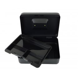 HD-CB15 Geldkassette mit geöffnetem Deckel und sichtbarem Schlüssel – Frontansicht