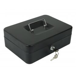 Schwarze Geldkassette HD-CB15 aus Stahl mit Schlüssel – schräge Ansicht