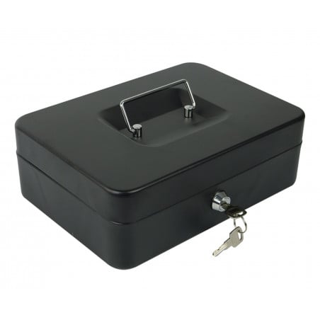 Schwarze Geldkassette HD-CB15 aus Stahl mit Schlüssel – schräge Ansicht