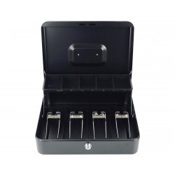 Geldkassette HD-CB30-9 geöffnet – Frontansicht mit sortierten Fächern