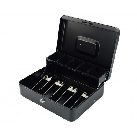 Geöffnete Geldkassette HD-CB30-9 mit Fächern für Banknoten und Münzen – schräger Blick