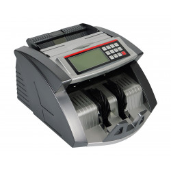 Schrägansicht von hinten – Geldzählmaschine FiscalFlow-2010 in silber-schwarzem Gehäuse