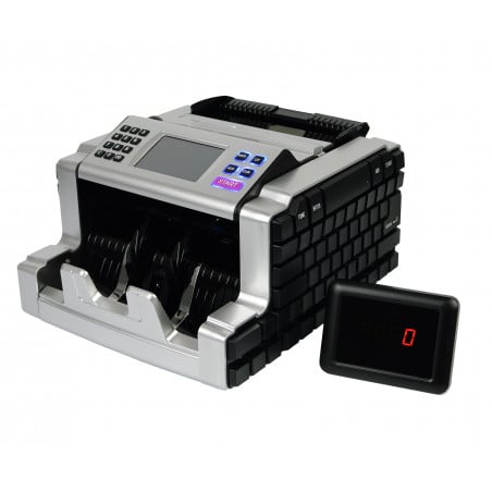Schrägansicht der Geldzählmaschine FiscalFlow-2210 mit Display und Bedienelementen