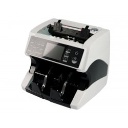 Perspektivische Vorderansicht der Zählmaschine mit offenem Banknoteneinzug