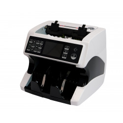 Schrägansicht der weißen Banknotenzählmaschine FiscalFlow-5012 im Betrieb