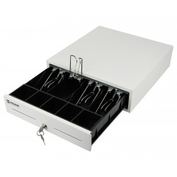 Geöffnete weiße Kassenschublade HD-KER33W mit Fächern und Schlüssel