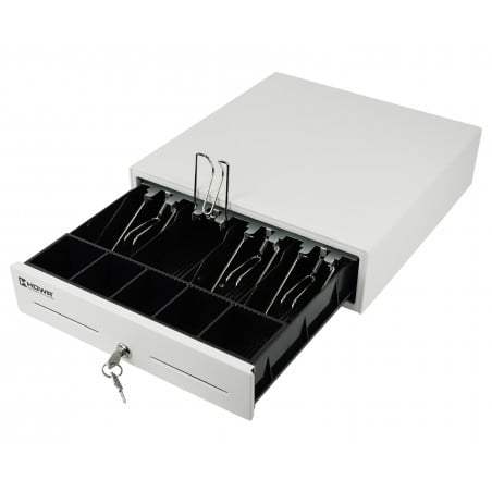 Geöffnete weiße Kassenschublade HD-KER33W mit Fächern und Schlüssel