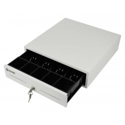 Schrägansicht der offenen Kassenschublade HD-KER33W mit sichtbaren Banknoten- und Münzfächern