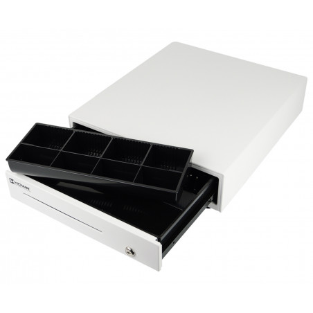 Weiße Kassenschublade HD-KR35W mit geöffnetem Münz- und Banknotenfach