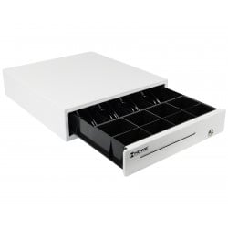 Schräge Seitenansicht der HD-KR35W Kassenschublade in Weiß mit herausnehmbarem Einsatz