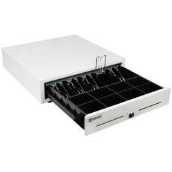 Weiße Kassenschublade HD-KR41W teilweise geöffnet, Seitenansicht