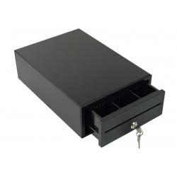 Schräge Ansicht der Kassenschublade mit eingesetztem Schlüssel im Schloss