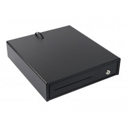 Metallische Kassenschublade SecureTill-335F in schwarzer Farbe, seitliche Ansicht