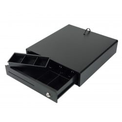 Schwarze Kassenschublade SecureTill-335F geöffnet, diagonale Perspektive