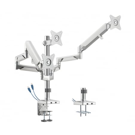 Dreifach-Monitorhalterung SolidHand-BG03SU mit Gasfeder, montiert auf Schreibtisch