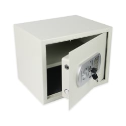 Beigefarbener Tresor SecureBox-50 mit elektronischem Zahlenschloss und geöffneter Tür