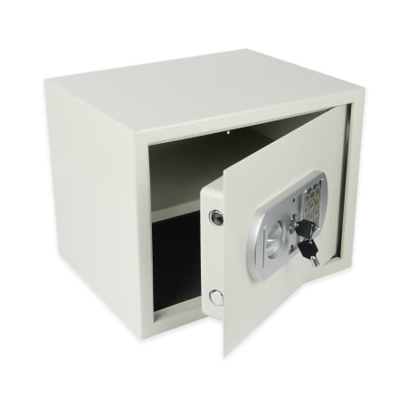Beigefarbener Tresor SecureBox-50 mit elektronischem Zahlenschloss und geöffneter Tür