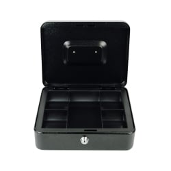 Schwarze Geldkassette HD-CB25-5A mit geöffnetem Deckel und Münzfächern