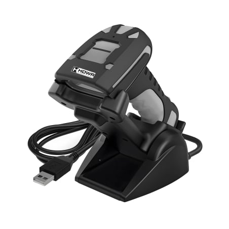 Industriescanner HD9100B mit Kabel und Dockingstation – Vorderansicht