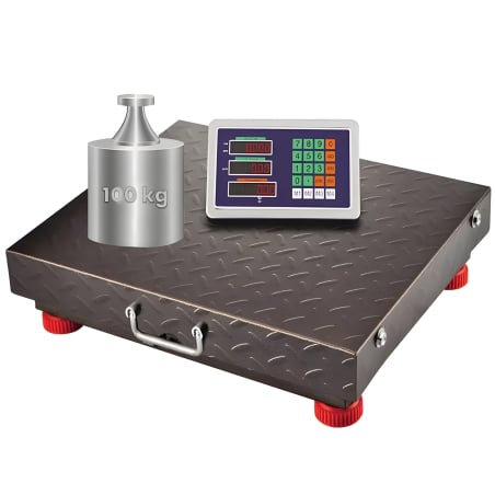 Plattformwaage wagPRO-W100 mit Gewichtsstücken und Anzeige