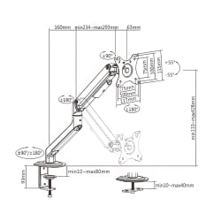 Technische Zeichnung der Monitorhalterung SolidHand-DS01 mit Abmessungen
