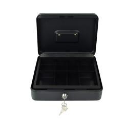 Innenansicht der geöffneten Geldkassette HD-CB25-8 mit acht Münzfächern und Schlüsseln