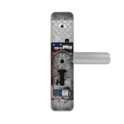 Innenansicht des elektronischen Schlosses mit freigelegter Verkabelung und Platine