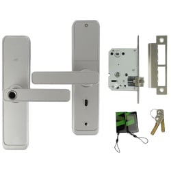 Lieferumfang: SecureEntry-HL200 mit Griffen, Schließblech, mechanischem Schlüssel und Zubehör