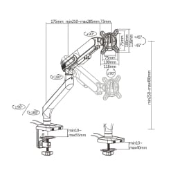 Technische Zeichnung der SolidHand-ES01U Monitorhalterung