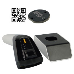 HD8500-RF Scanner mit Dockingstation und RFID-/QR-Code-Symbolen