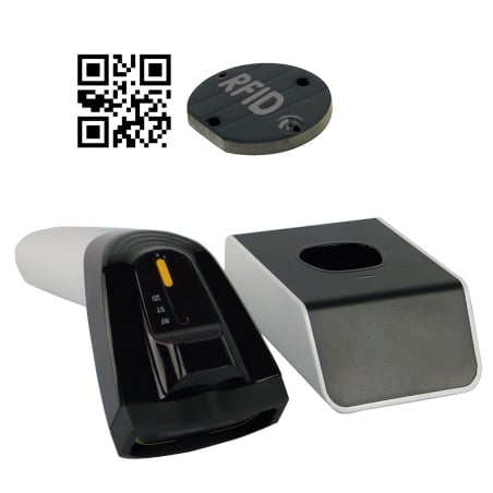 HD8500-RF Scanner mit Dockingstation und RFID-/QR-Code-Symbolen