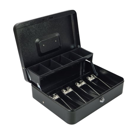 Münzbox mit 5 Fächern und Banknotenbox mit 4 Fächern mit Druckknöpfen, Schlüsselschloss, Metall HD-CB30-9A