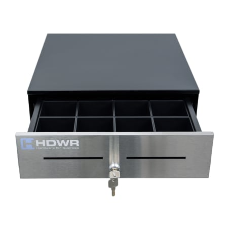 Schublade für 8 verschiedene Banknoten und 8 Münzen, schwarz mit silberner Front, schlüsselbetätigt, securePRO-415S