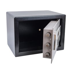 Ein robuster Tresor mit PIN-Code und herkömmlichem Schlüssel sowie LCD-Bildschirm, der solide SecureBox-25