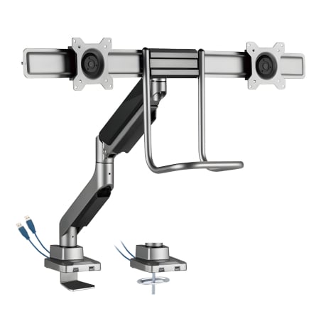 Ständer für 2 Monitore mit einer Diagonale von 17-32 Zoll, 2 USB-Anschlüsse im Sockel, mit Gasdruckfeder SolidHand-BM02U