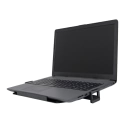 Laptop auf der am Monitorarm montierten Ablage SolidHand-AL01