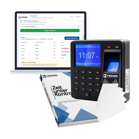 Set: Zeiterfassungsgerät CTR10 mit 15 RFID-Karten HD-RWC01, E-Book „Zeit unter Kontrolle“ und Programm ClockSum